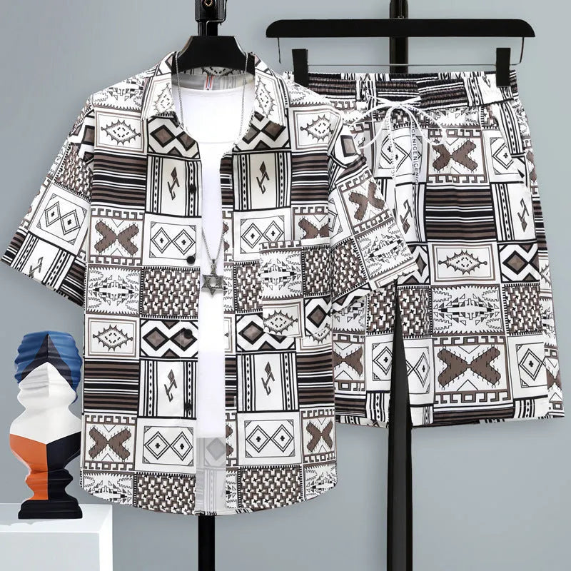 Men's casual polyester sports set with short sleeve top and matching shorts on a manikin.