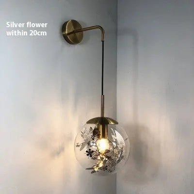 Modern simple glass wall bedside lamp in Golden Flower or Silver Flower finish, 15cm or 20cm size.