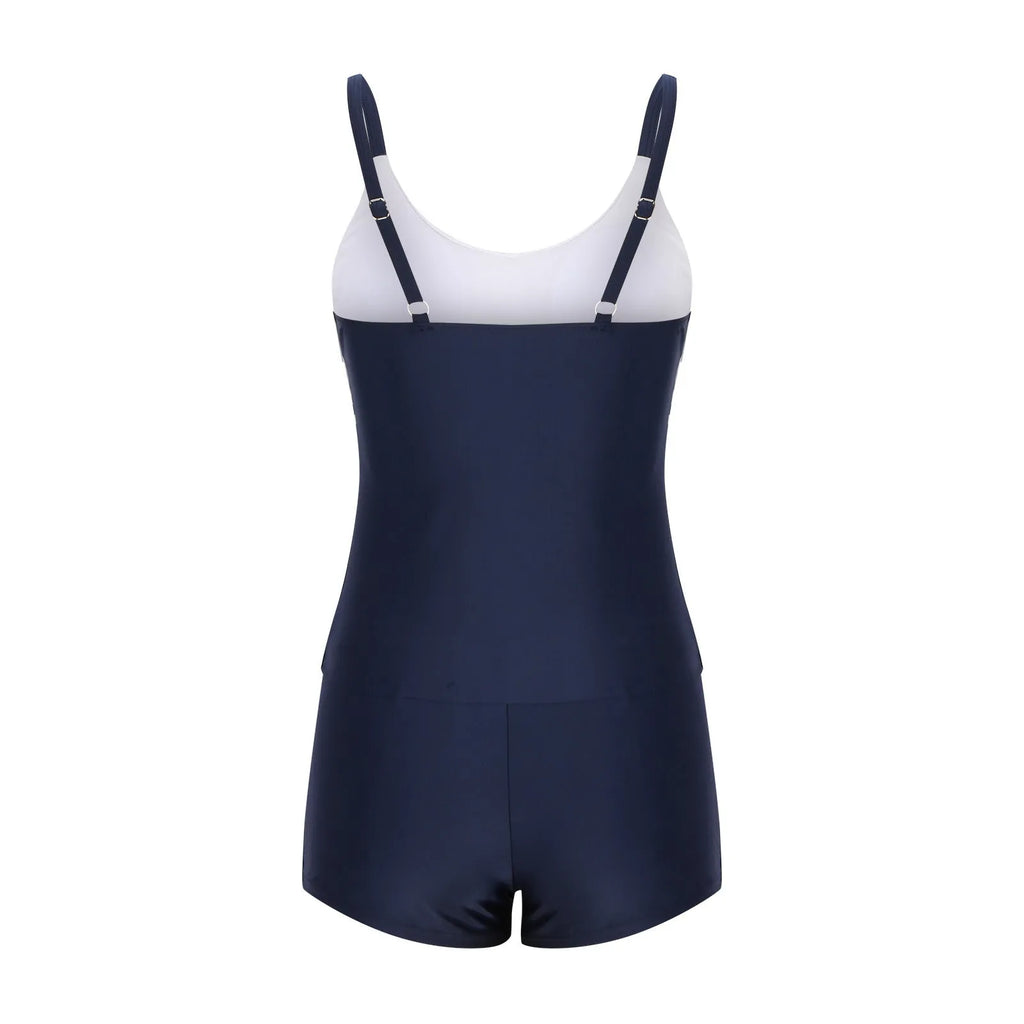 Ladies striped boyshorts swimsuit with a conservative cut and a fashionable split-front detail.