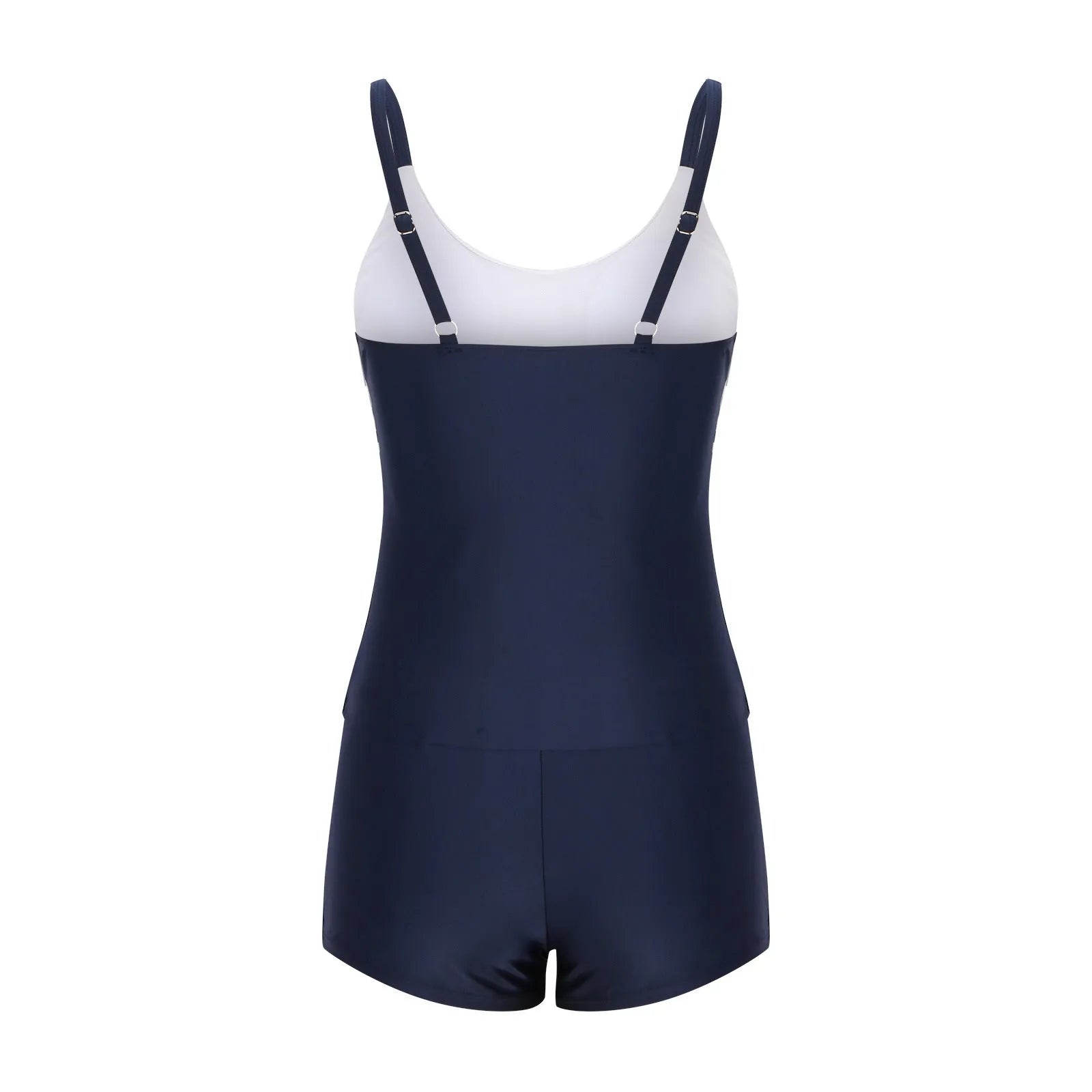 Ladies striped boyshorts swimsuit with a conservative cut and a fashionable split-front detail.
