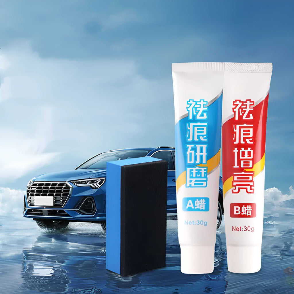 Car repair wax kit with two bottles (9657A and 9657B) and a frosted sponge mop for removing scratches and polishing paint