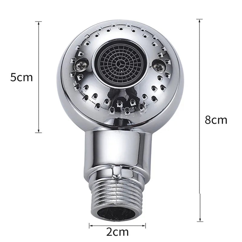 Silver handheld pet shower head with gentle non-pressurised spray for washing dogs and babies.