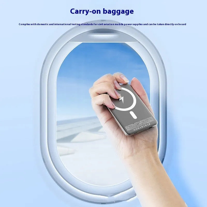 Gun gray magnetic wireless power bank with ultra-thin alloy design showing compact dimensions