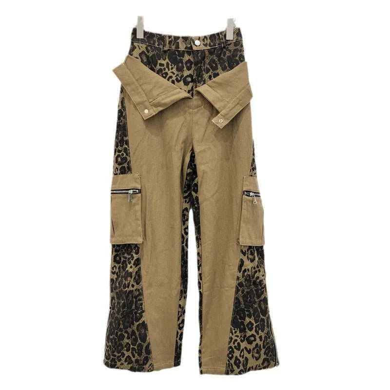 Dark khaki leopard print high-waist straight-leg jeans with retro tooling stitching details.