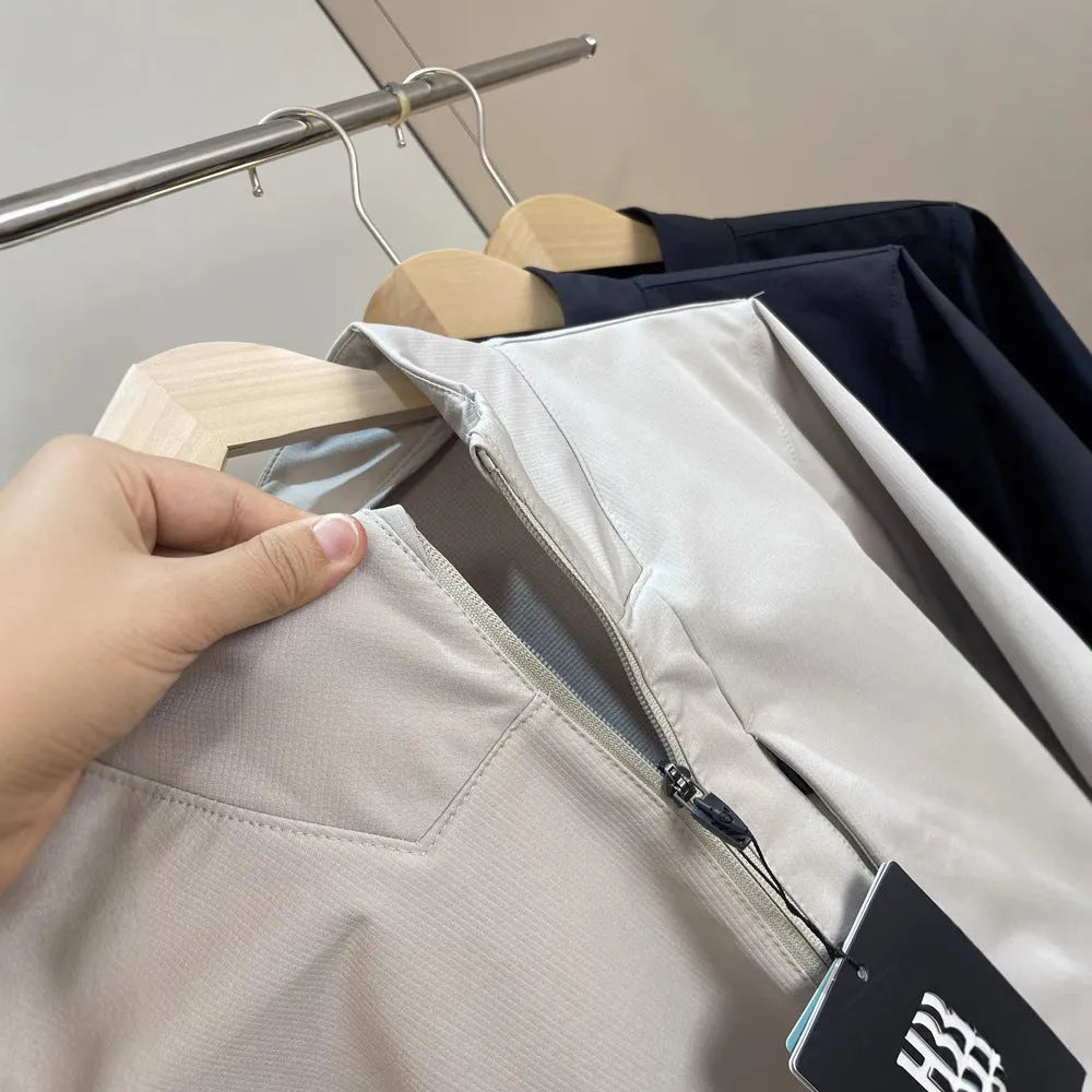 Men's stand collar polyester casual jacket in black, dark blue or milky white with straight hem