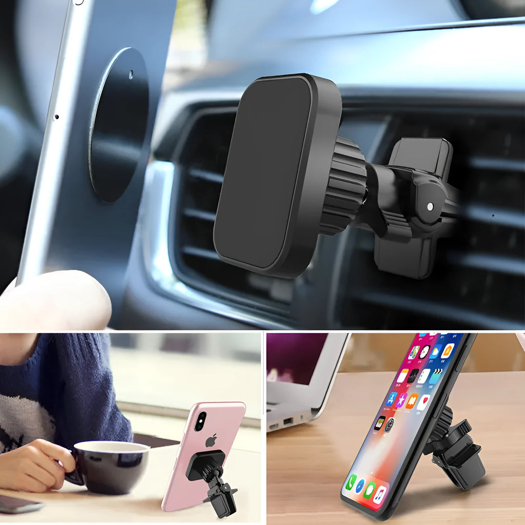 Black magnetic car phone holder attached to vehicle air vent with smartphone mounted