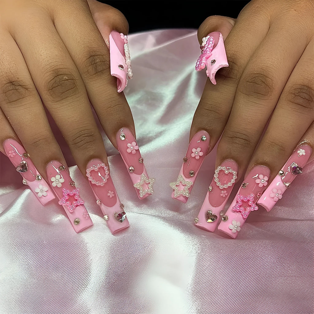 Super long artificial nails with French spot, bow detail, and love pattern in XB-70-48 colour.