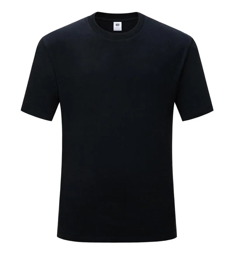 Plain black slim fit cotton t-shirt with round neck and short sleeves on a hanger.