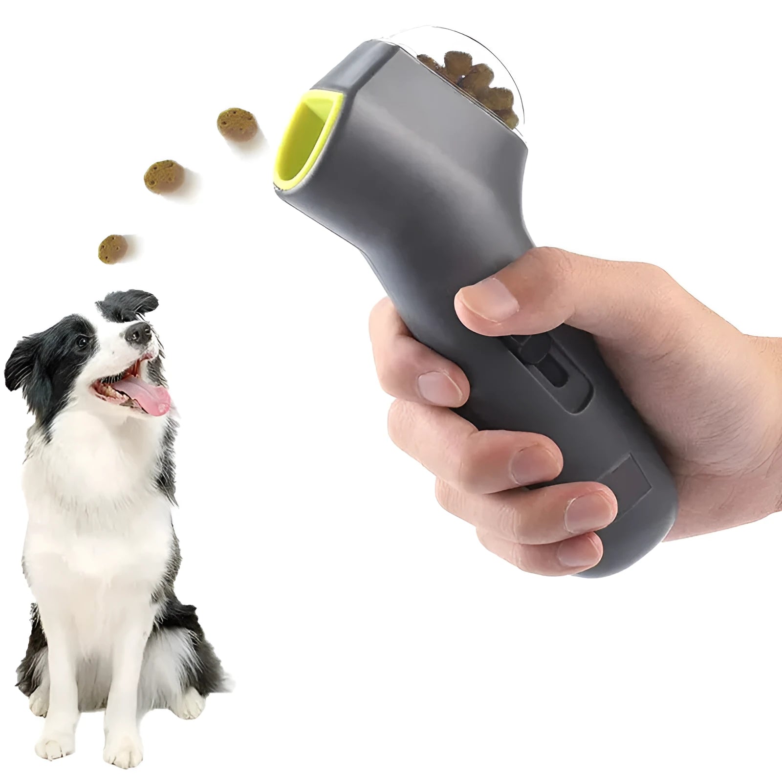 Grey pet snack catapult launcher toy on grass, showing spring trigger and treat slot.