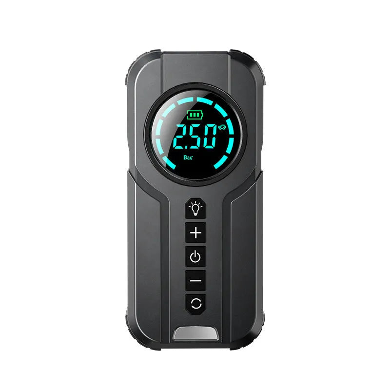 Black portable wireless air pump with digital display, 6000mAh battery, 12V car cable, and nozzle accessories on a grey background