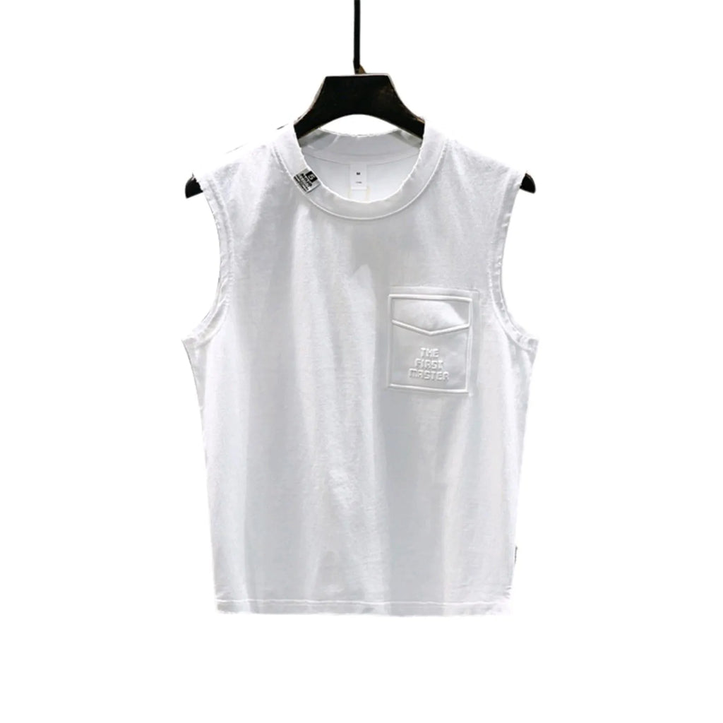 Men's solid colour loose fit cotton sleeveless t-shirt on hanger, black and white options.