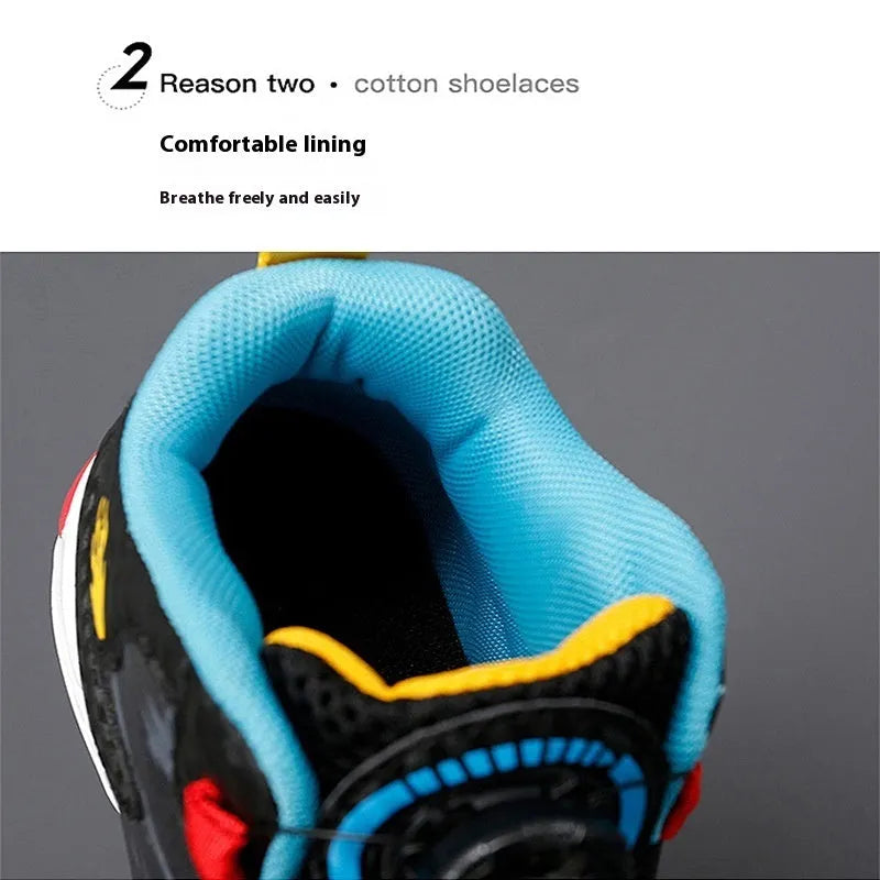 Children's rotating button basketball shoes in synthetic leather, showing waterproof design and colour options.