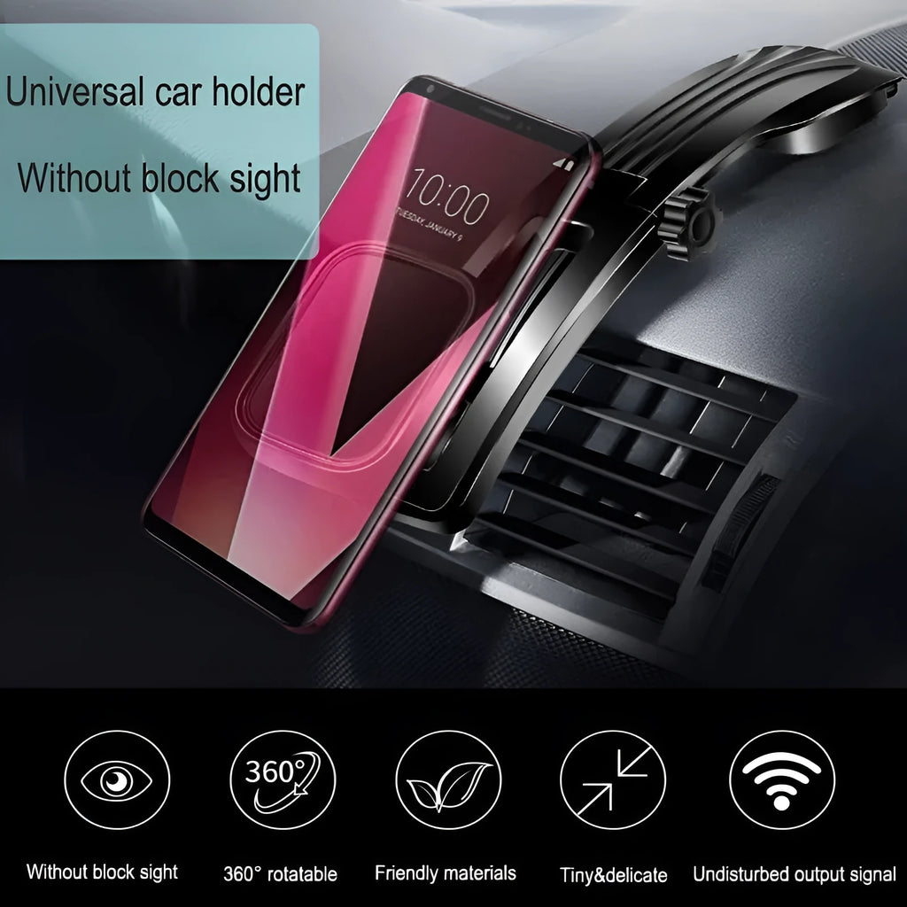Magnetic car phone holder on dashboard with metal plate, 360° rotating arm, black and silver finish
