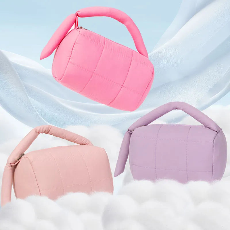 Cylindrical cotton cloth puff cosmetic bag in four colours including Rose Red, Pink, Purple, Green, ins style, no logo