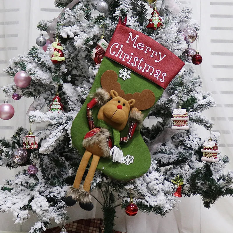Set of three large red, white, and brown Christmas stockings featuring Santa, Snowman, and Reindeer 3D designs.