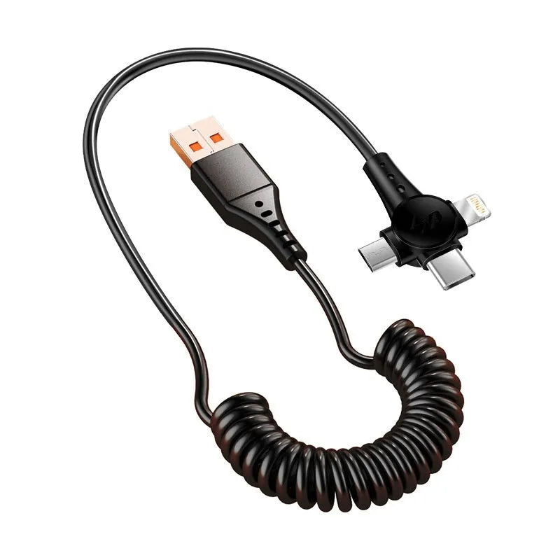 Black telescopic spring data cable with Lightning, Micro USB, and USB Type-C connectors extended to full length.