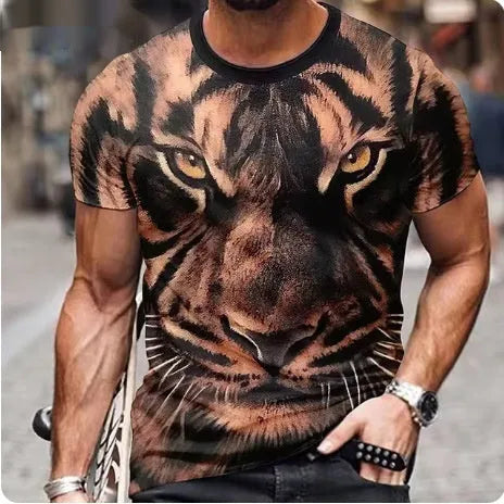 Men's grey t-shirt with a detailed fierce 3D lion graphic print on the front.