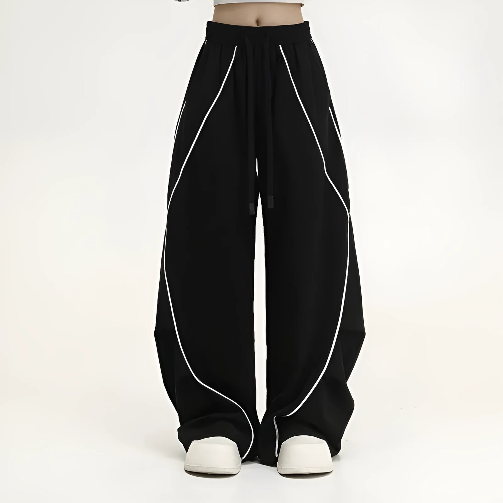 Black striped wide-leg hip hop trousers with elastic mid-waist