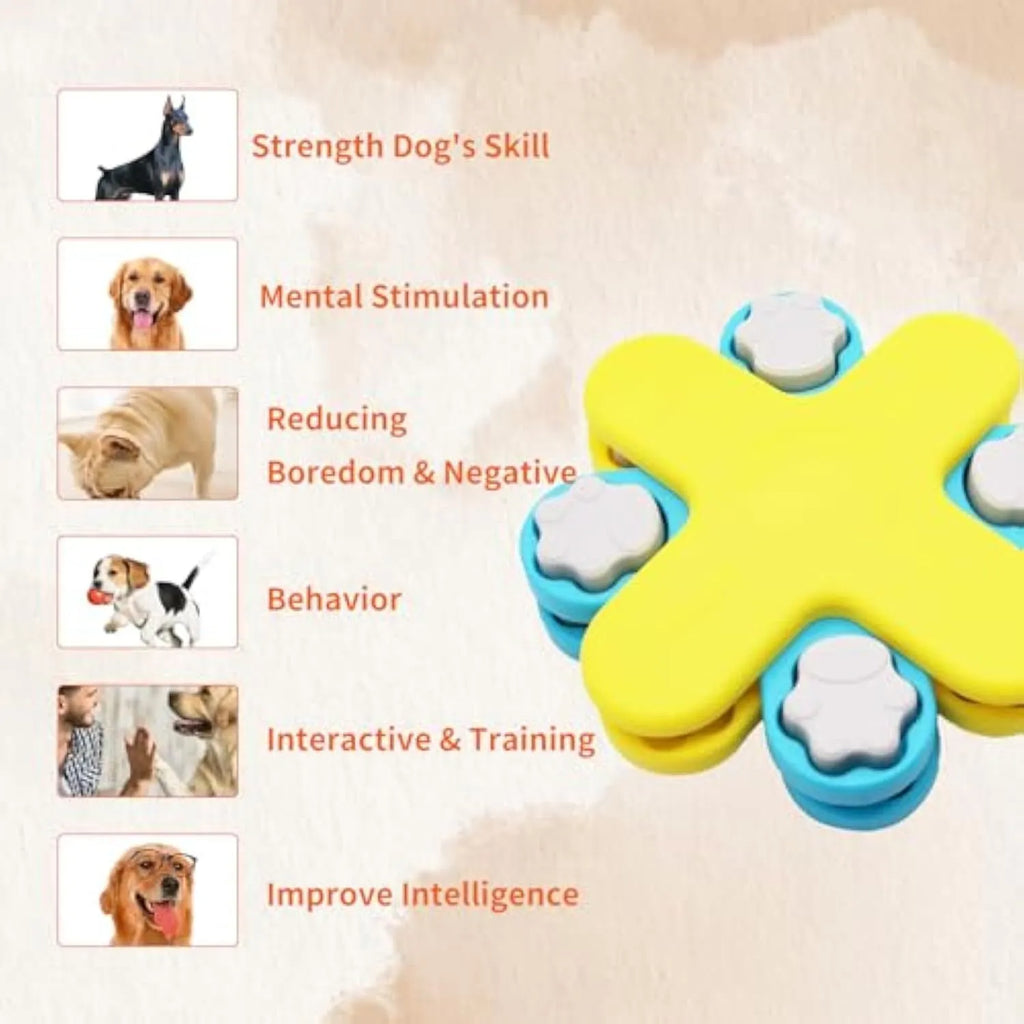 Yellow interactive dog puzzle feeder bowl with rotating lids on a non-slip base.