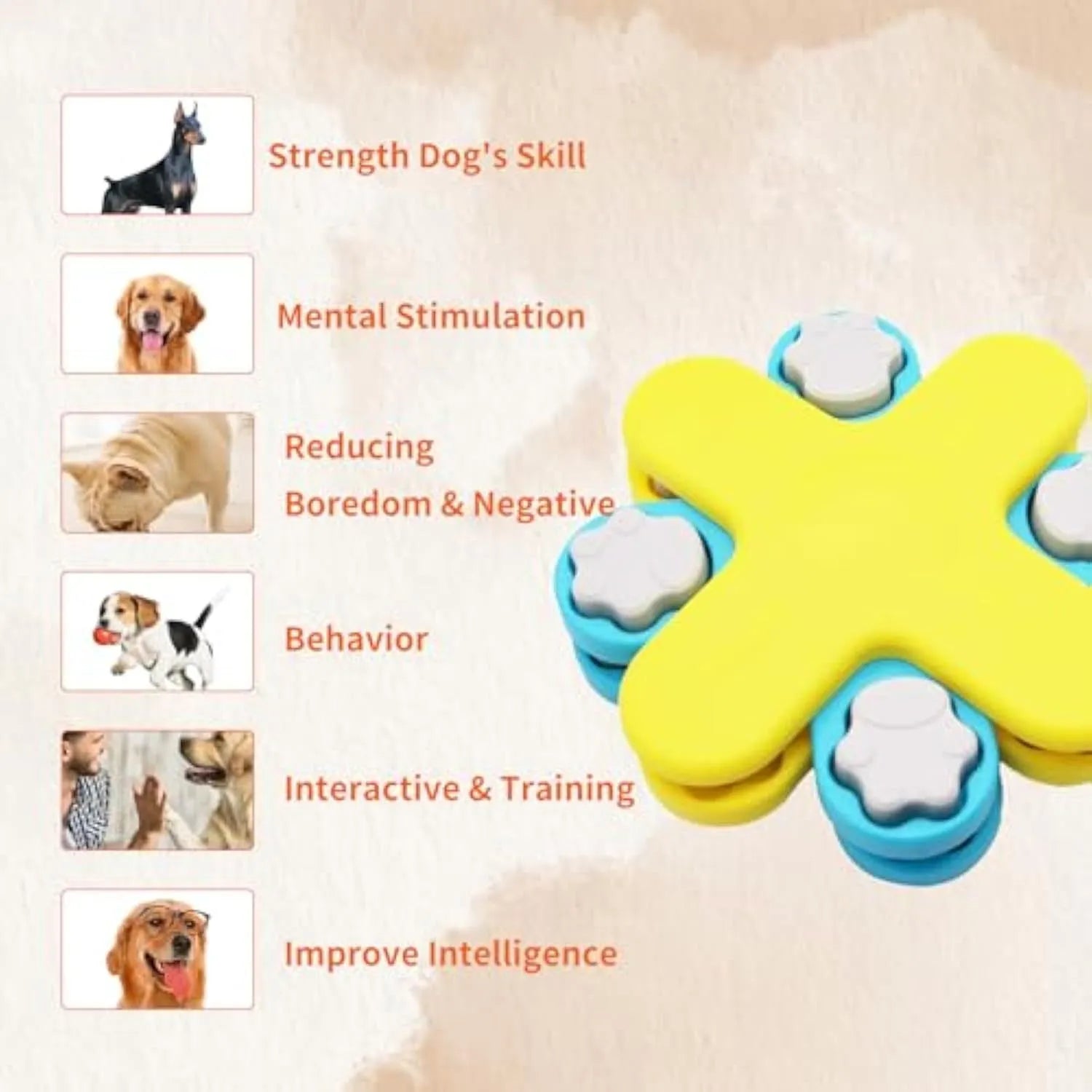 Yellow interactive dog puzzle feeder bowl with rotating lids on a non-slip base.