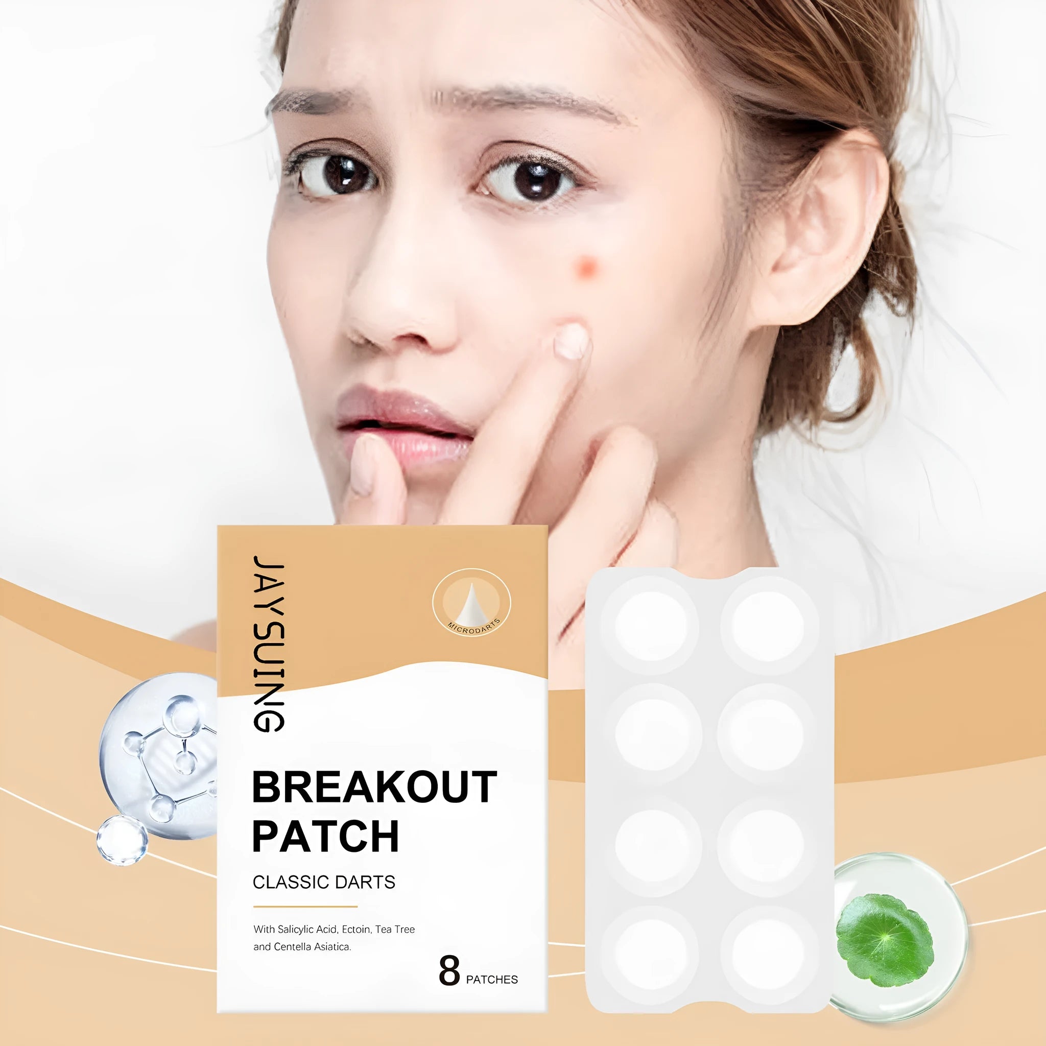 Pack of eight acne patches with tea tree oil and centella asiatica extract for targeted spot treatment