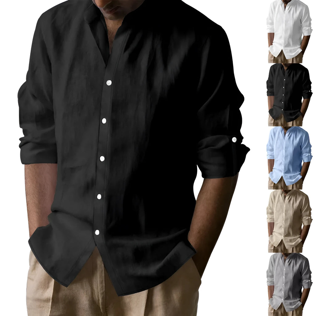 Men's cotton blend long sleeve stand collar shirt in solid colour, slim fit, shown in Khaki