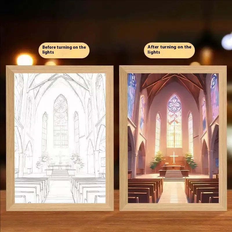 Handmade rectangular light painting photo frame showing illuminated themed artwork with USB cable