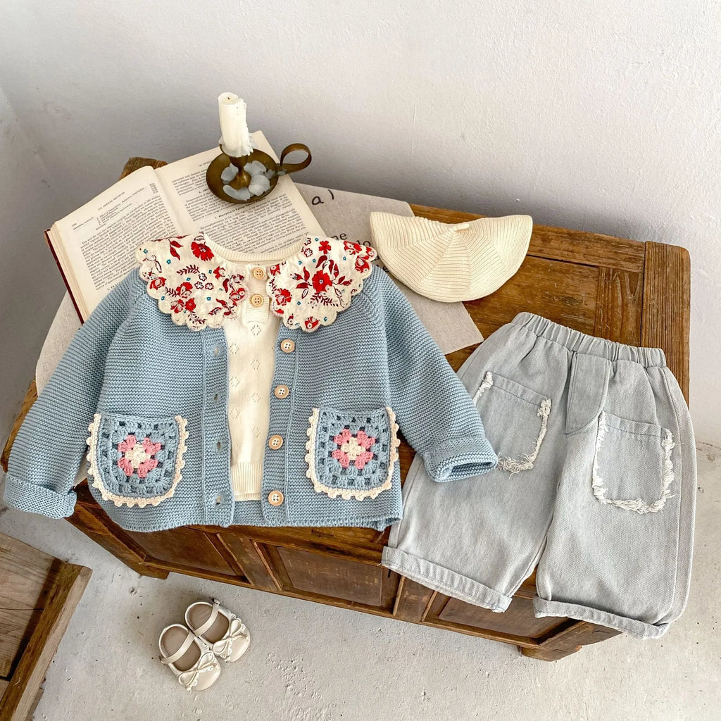 Children's Round Collar Sweater Cardigan Hand Crochet Hollow Flower Pocket Coat Smokey Blue Cotton Long Sleeve Cardigan for Girls Spring Autumn Single-Breasted Suitable Height 66-100cm Non-Hooded Trendy All-Matching Design