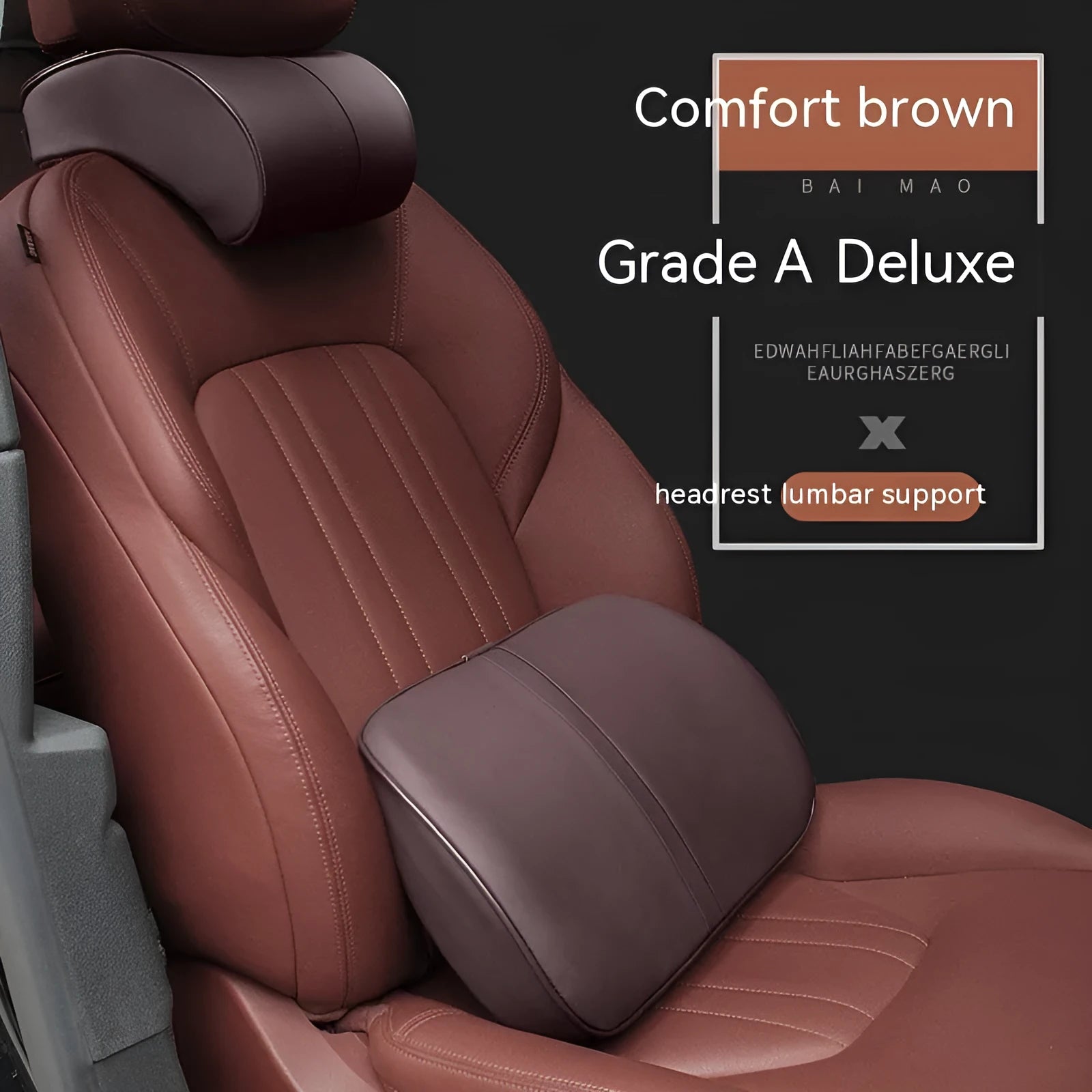 Memory foam car cushion headrest with leather exterior and cotton filler shown in coffee colour