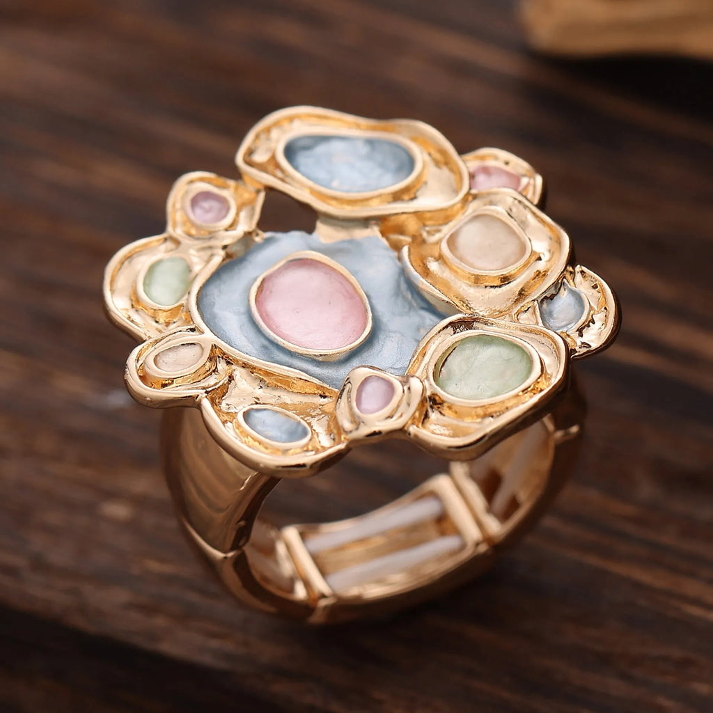 Enamel geometric flower stretch ring in gold colour, zinc alloy, floral and wave design
