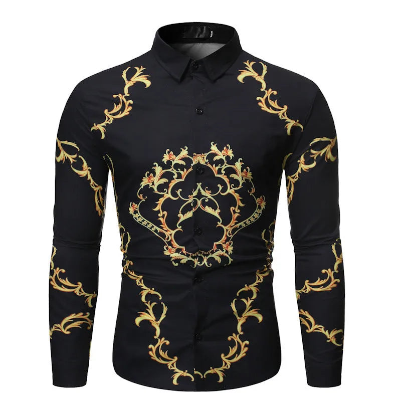 Men's long sleeve slim fit casual shirt with flower print in black and navy blue on hanger