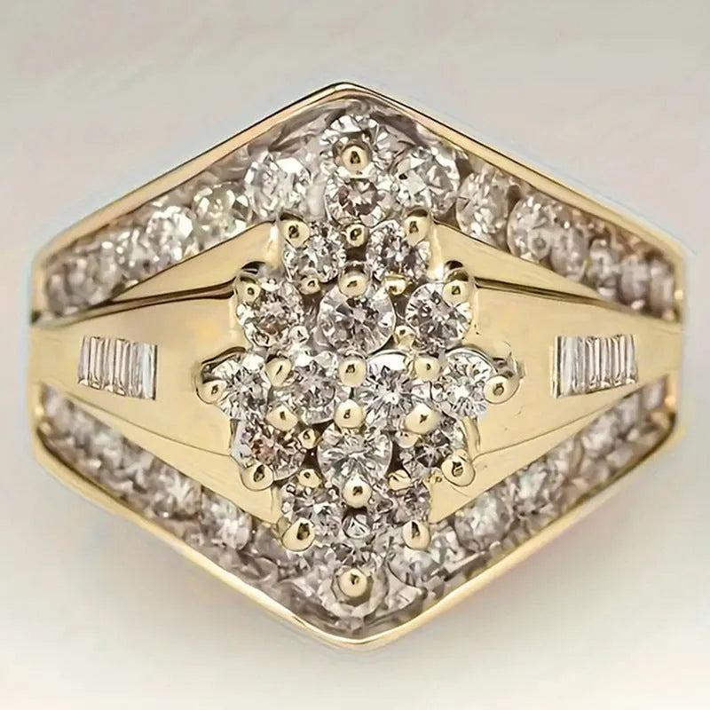 Gold electroplated copper geometric palace style ring shown in sizes 6 to 10