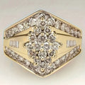 Gold electroplated copper geometric palace style ring shown in sizes 6 to 10