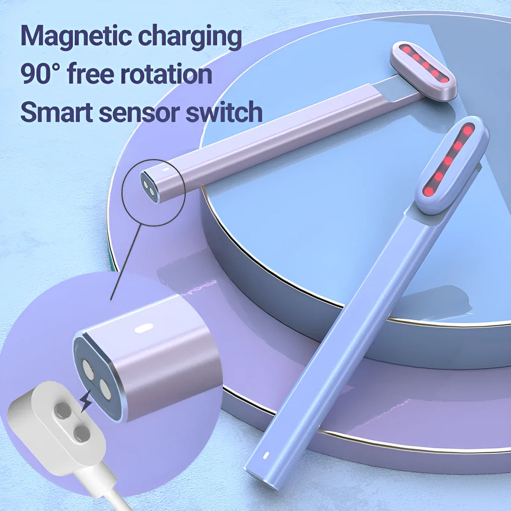 Micro current introduction eye massage instrument in green, with RF gear and USB charging cable on a white background