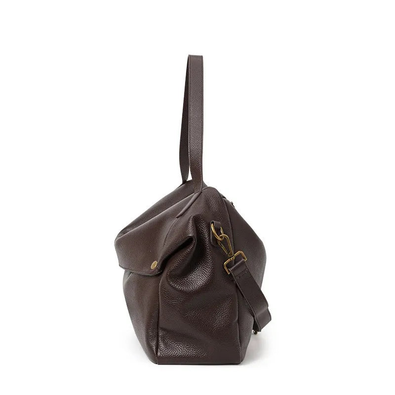 Brown genuine leather women's shoulder bag with square shape and shoulder strap