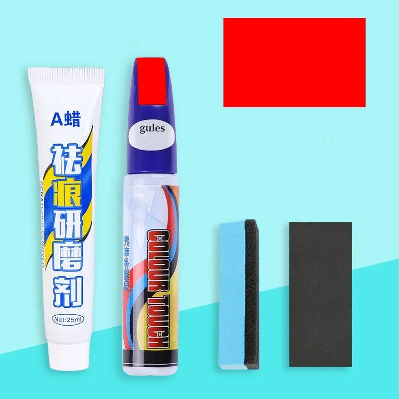 Automotive paint repair pen kit with touch-up paint, wax, sponge and sandpaper for car scratch repair