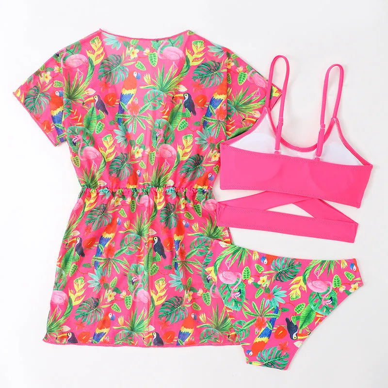 Girls' floral split overclothes bikini swimsuit set in polyester fabric