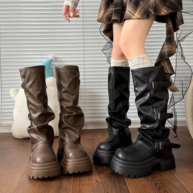 Women's thick bottom knight boots in solid khaki synthetic leather with chunky sole and high-top shaft