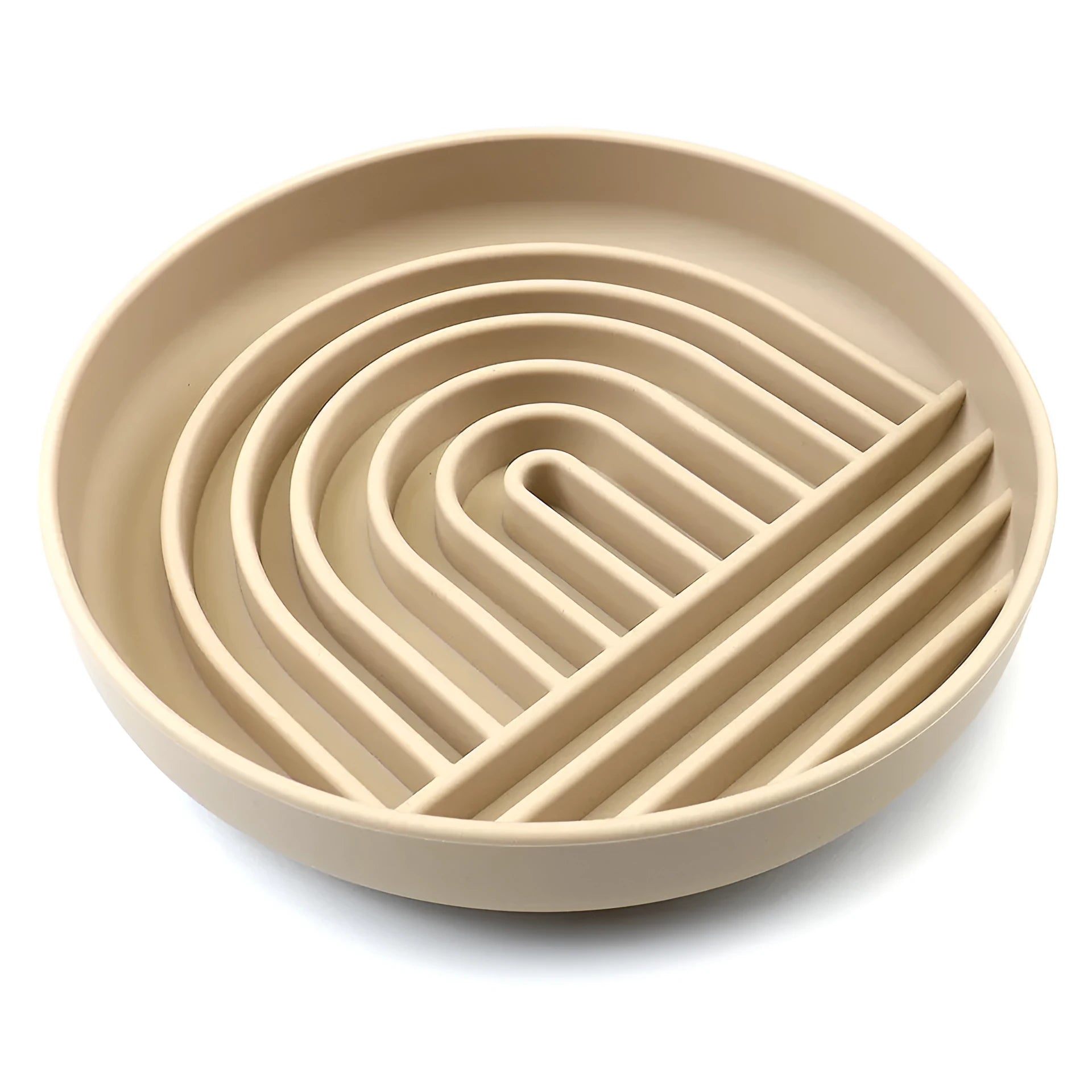 Beige silicone dog slow feeder bowl with ridges, shown next to a grey blue version on a wooden floor.