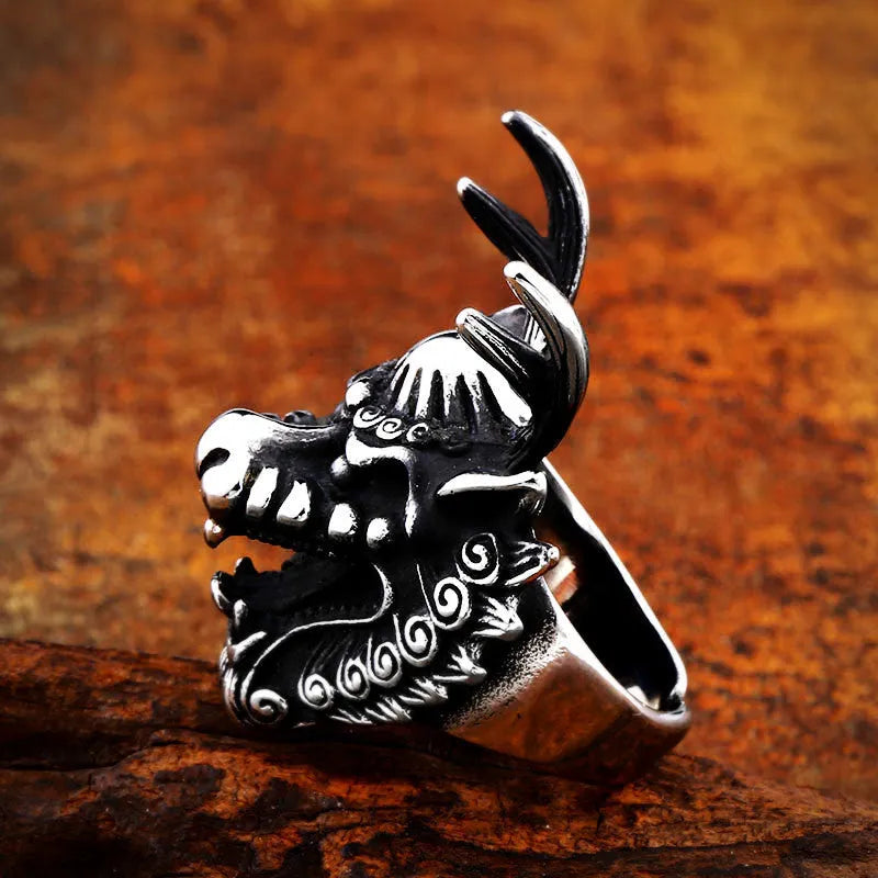 Men's stainless steel dragon ring with embossed dragon motif, sizes No.7 to No.13