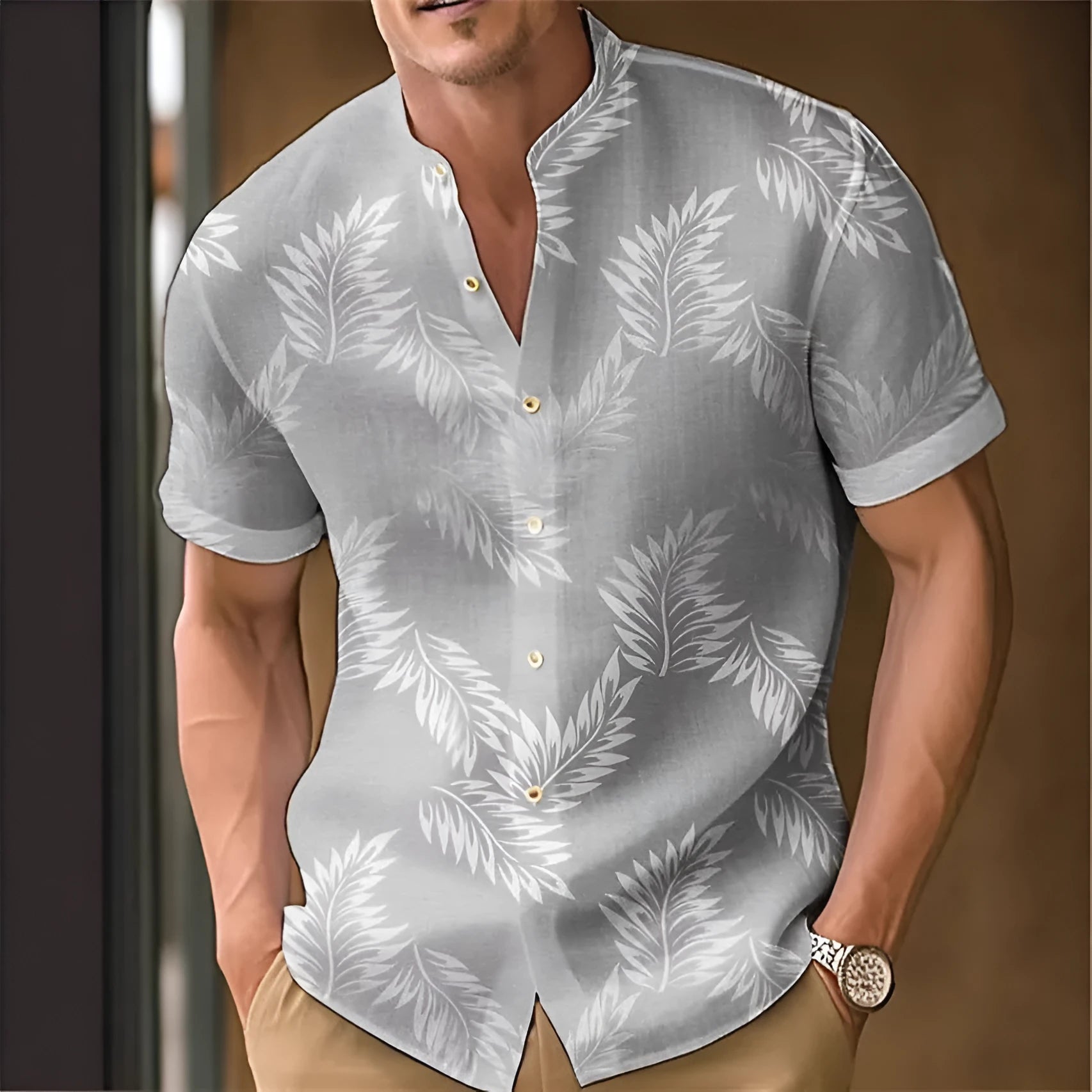 Men's printed casual polyester shirt shown in multiple colour options