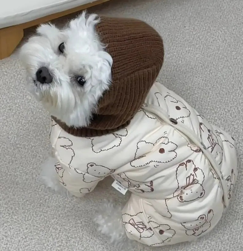 Cute bear print pet winter jumpsuit with knitted scarf on a small dog, padded onesie with fleece cuffs for cold weather