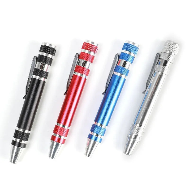 8-in-1 aluminium alloy screwdriver pen set in various colours with chrome vanadium steel shaft