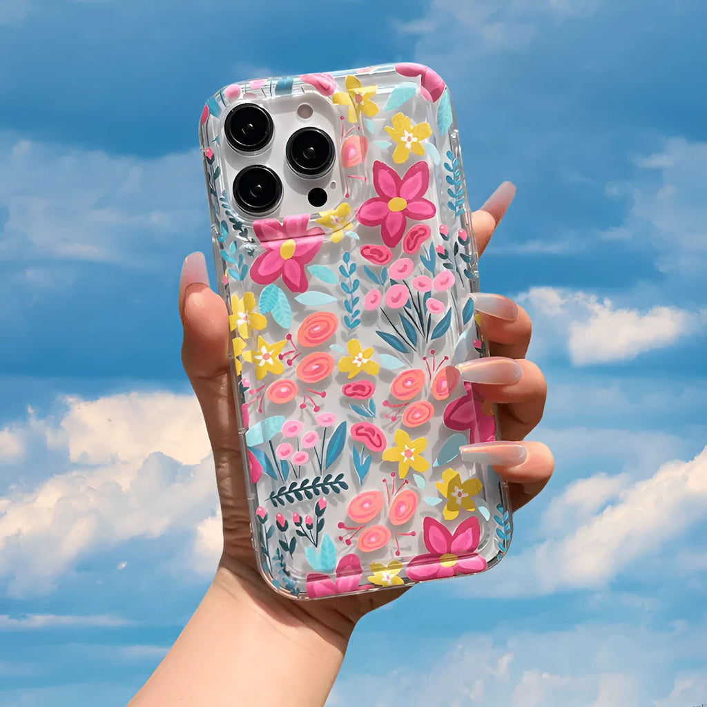 Transparent TPU phone case with bright colourful flower print and airbag corners for Apple iPhone