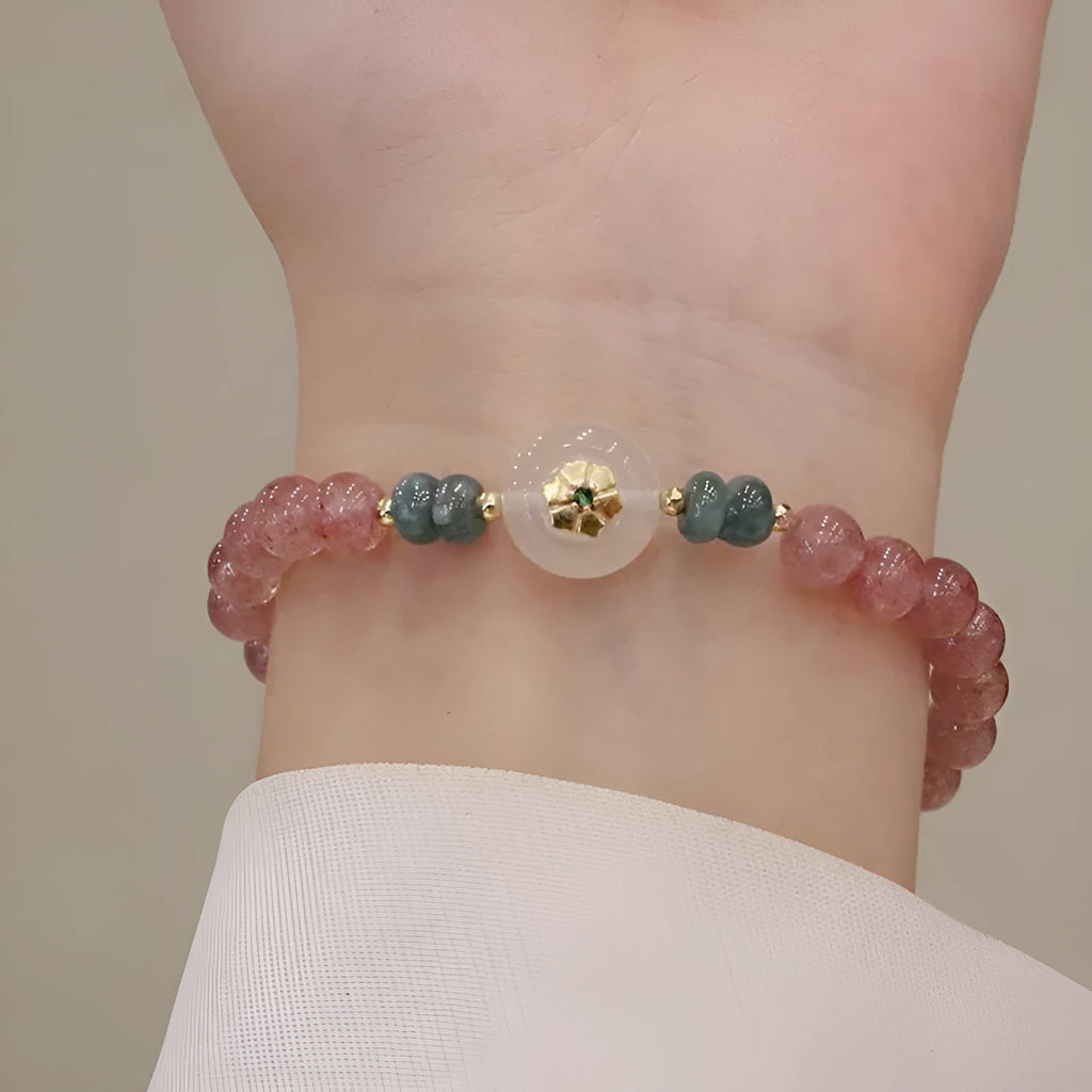 Women's strawberry quartz blue water emerald jade bracelet with geometric design and Ruyi peace buckle closure
