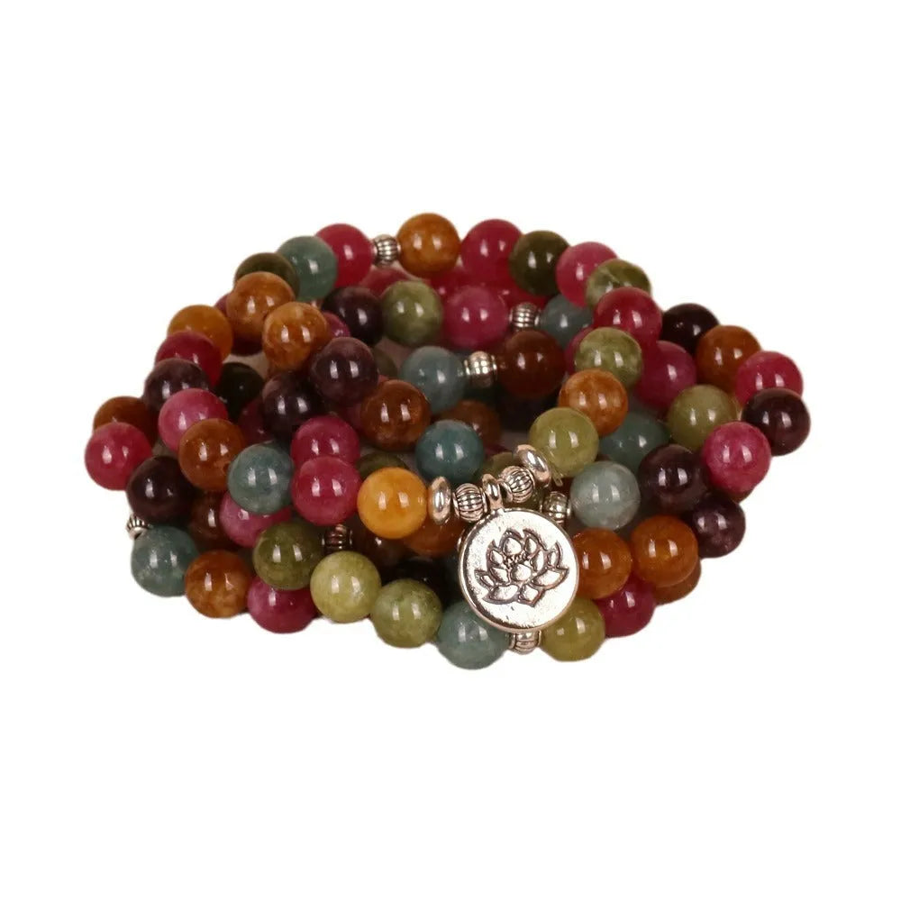 108-bead multi-layer bracelet with tourmaline stones and lotus charm on alloy chain
