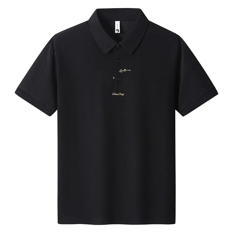 Men's loose grey cotton T-shirt with a letter print on the front, showing short sleeves and a round neck.