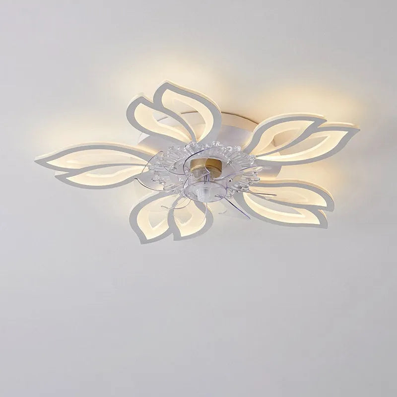 Modern white ceiling fan light with six-blade design and integrated light fitting on a room ceiling.