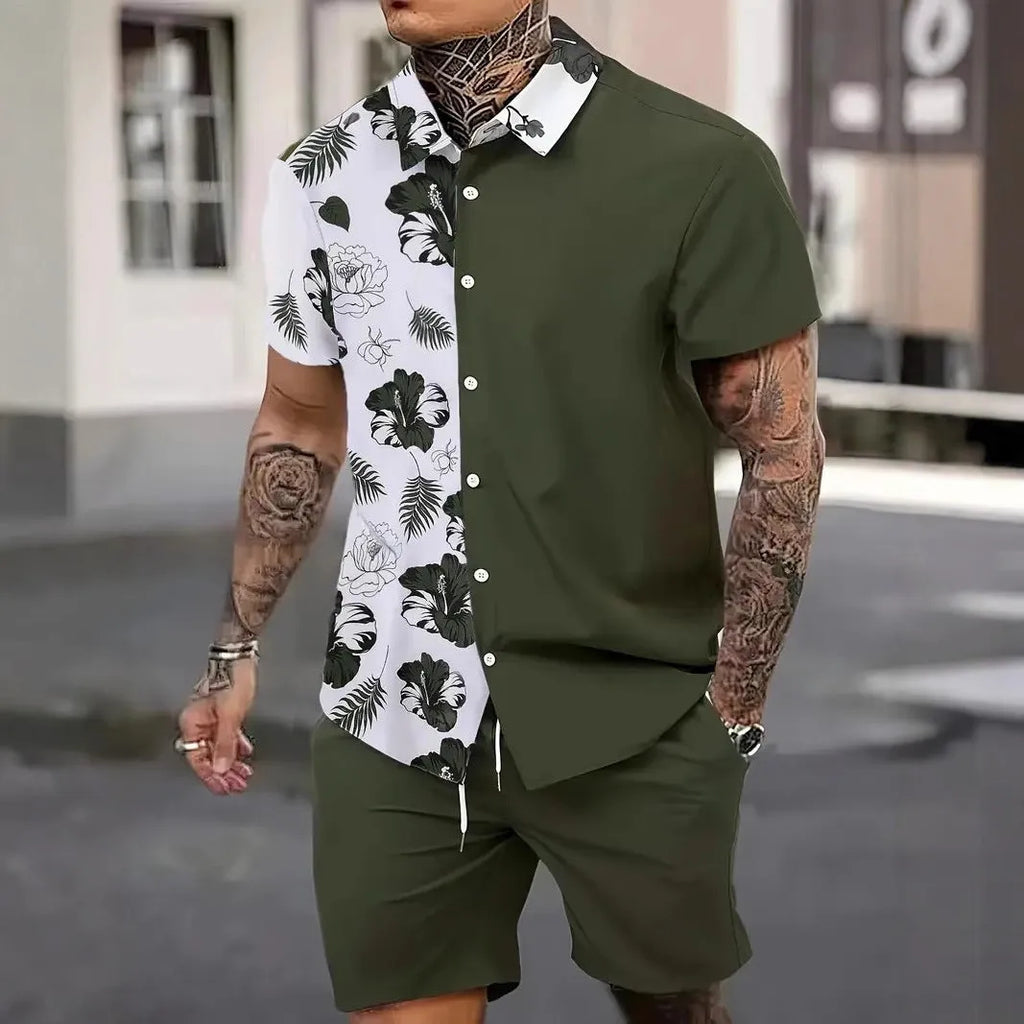 Men's Hawaiian 3D printed short sleeve shirt and matching shorts leisure set in a floral print.