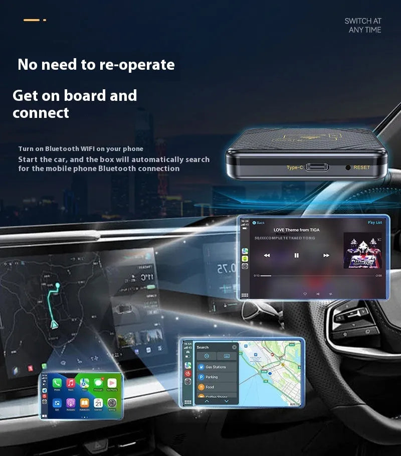 USB to wireless CarPlay and Android Auto conversion smart box in gold and white colours